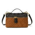 Quilted crossbody bag in black leather and brown suede with gold zipper and strap - Brown