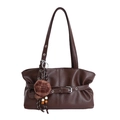 Dark brown PU leather tote bag with buckle detail and vintage cap charm decoration - With Pendant / Brown