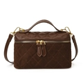 Dark brown quilted square shoulder bag in smooth leather and suede with gold zipper - Brown