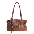 Vintage brown leather tote bag with decorative metal buckle and checkered charm - With Pendant / Brown