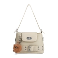 Borsa baguette beige chic con trama litchi e ciondolo a pompon marrone moda - Bianco Sporco