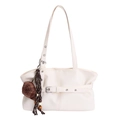 Beige faux leather tote bag with vintage buckle and brown plaid hat charm pendant - With Pendant / White