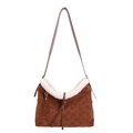 Borsa tote in camoscio marrone con bordo in ecopelliccia bianca e fiori goffrati - Marrone