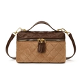 Quilted box-shaped handbag in khaki suede and brown leather with gold zippers - Khaki