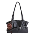 Black vintage tote bag with matte texture, buckle detail and a brown plaid hat charm - With Pendant / Black