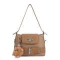 Borsa baguette in pelle marrone martellata con chiusura a scatto e ciondolo a orsetto - Cachi