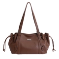 Borsa tote da donna in pelle marrone con grana litchi, coulisse e placca logo - Marrone