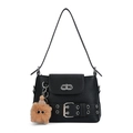 Sac bandoulière en cuir grainé noir avec détails argentés et charm de poupée peluche - Noir