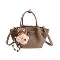 Brown lychee leather bucket bag with top handle and cute plush bear charm accessory - With Charm / Elephant Gray