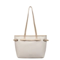 Cremefarbene Shopper-Tasche aus Leder mit braunen Henkeln und silbernen Nieten - Gebrochenes Weiß