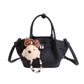 Black litchi grain bucket bag with silver square lock and cute plush puppy charm - With Charm / Black