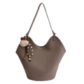 Sac cabas en cuir marron avec bord en V et porte-clés ours en peluche mignon - Avec Pendentif / Gris