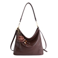 Dark brown large soft leather tote bag with vintage texture and gold hardware detailing - With Pendant / Brown