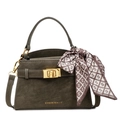 Borsa a mano a trapezio verde oliva opaco con logo dorato e foulard di seta decorativo - Verde