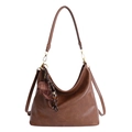 Brown vintage hobo tote bag in synthetic leather with a heart-shaped plaid charm pendant - With Pendant / Brown