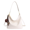 Cream-white Hobo tote bag with leather texture and decorative plaid charm detail - With Pendant / White