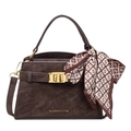 Borsa a mano classica in pelle martellata marrone scuro con chiusura dorata e foulard - caffè