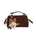 Bolso bandolera marrón oscuro de antelina con colgante de perro de peluche y cierre dorado - Gamuza Café