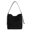 Bolso cubo de gamuza negra para mujer con bolsillo frontal minimalista en V - Negro