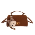 Bolso de mano retro en ante marrón con cierre dorado y colgante de osito - PU Marrón