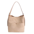 Bolso cubo minimalista de ante marrón con bolsillo frontal y correa de cuero - Caqui