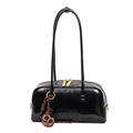 Borsa a bauletto nera lucida con lettere a rilievo, doppi manici e cerniera superiore - Con Ciondolo / Nero