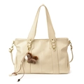Cream faux leather tote bag with wide handles and a brown plush horse charm - With Pendant / White