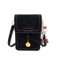 Trendy black crossbody mobile phone bag with white contrast stitching and plush charm - With Pendant / Black