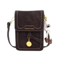 Dark brown faux leather crossbody phone bag with white stitching and plush monster charm - With Pendant / Brown