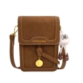 Dark brown minimalist crossbody phone bag with white stitching and owl keychain - With Pendant / Brown
