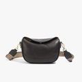 Dark brown leather crescent crossbody bag with ethnic style woven wide shoulder strap - Brown