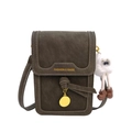 Dark brown pebble leather mini crossbody phone bag with a cute plush charm accessory - With Pendant / Dark Green