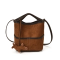 Dark brown suede bucket bag with white contrast stitching and a cute dog plush charm - With Pendant / Brown