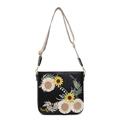 Black square crossbody bag with floral embroidery and adjustable jacquard strap - Black