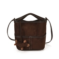 Dark brown suede bucket bag with white contrast stitching and a dog plush charm - With Pendant / Brown