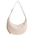 Minimalist beige crescent shoulder bag in textured lychee grain leather with silver buckle - White