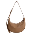 Minimalist caramel leather crescent shoulder bag with lychee texture and adjustable strap - Dark Khaki