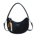 Sac demi-lune noir plissé avec bandoulière en cuir et perles de bois ethniques - Noir