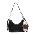 Borsa a mezzaluna nera in pelle scamosciata con catena in metallo e ciondolo orsetto - Con Ciondolo / Nero