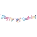 Dettaglio dello striscione Happy Birthday con farfalle pastello e motivi floreali - Striscione di lettere farfalla
