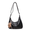 Black leather hobo shoulder bag with a brown plush bear charm and minimalist stitch detail - Black With Charm (BSD-8080)