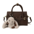Borsa bowling in pelle marrone scuro con cuciture bianche e ciondolo a coniglio - Con Ciondolo / Marrone