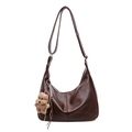 Dark brown large capacity hobo bag in textured leather with a cute plush bear charm - Coffee With Charm (BSD-8080)