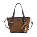 Retro braune Wildleder-Einkaufstasche mit Ledergriffen und ethnischen Holzperlen - Braun