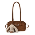 Borsa Boston vintage in pelle scamosciata marrone con fibbia e ciondolo a coniglio - Con Ciondolo / Marrone