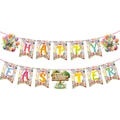 Detail of colorful Happy Easter banner with bunny motifs and Hello Spring sign ornaments - Floral Style Banner