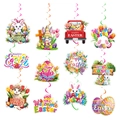 Set of 12 Easter hanging swirls featuring colorful bunnies, eggs and chicks for party decor - Type B: 12 Double-sided Cards + 12 Spiral Swirls