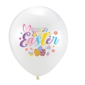 Weißer Osterballon aus Latex mit Happy Easter Schriftzug, bunten Hasenohren und Eiern - Weiß