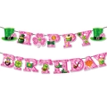 Pink Happy Birthday banner with green St. Patrick's Day elements and shamrock patterns - Letter Banner