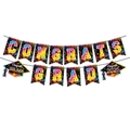Rainbow gradient Congrats Grad 2026 banner set with mortarboard and star party decorations - Letter Banner Style